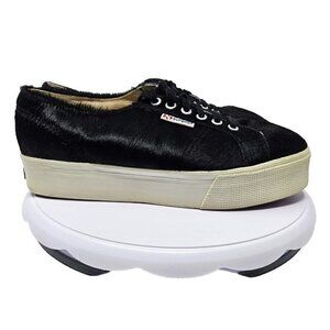 Superga Pony Hair Platform Sneakers Shoes Black & White Women’s Size 10 Lace Up